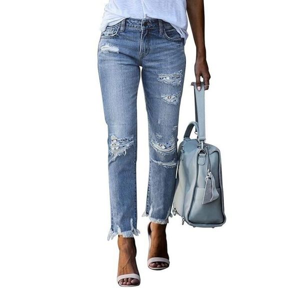 IZURIA Denim - IZURIA Blue Distressed Mid Rise Raw Cuff Bootcut Jeans Size M